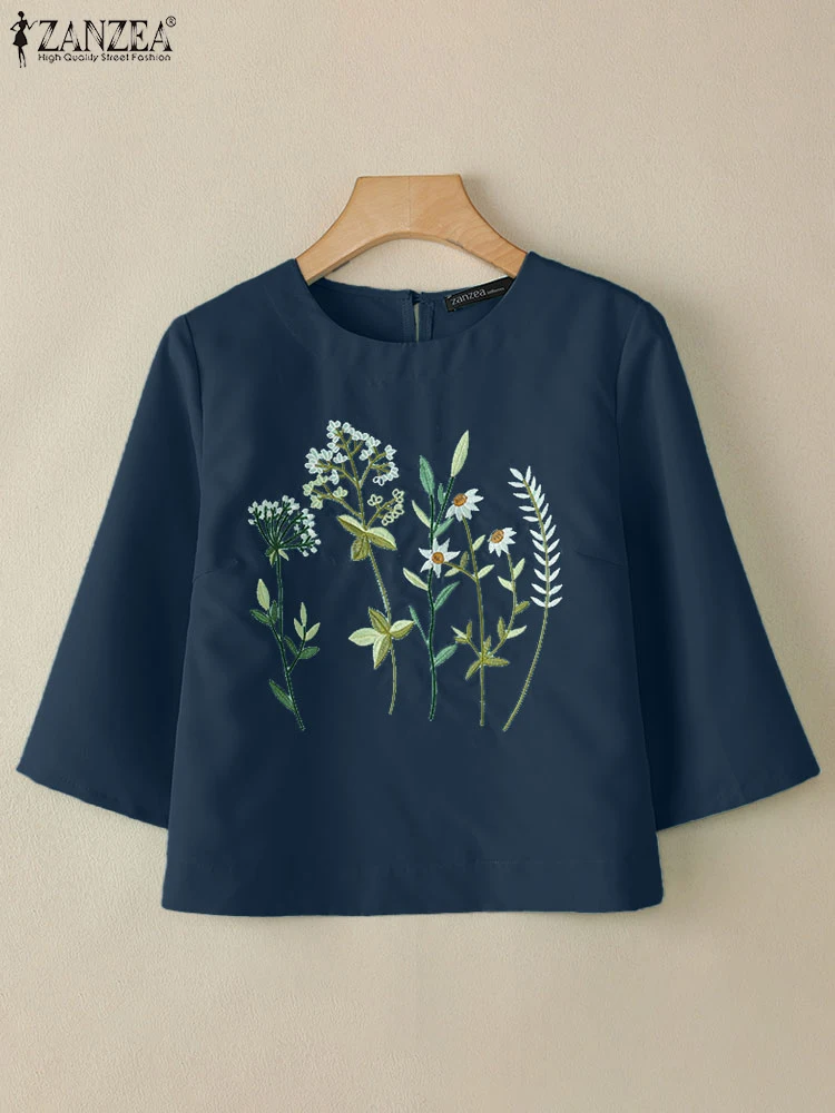 

ZANZEA Vintage Embroidered Shirt 2025 Summer Women Tunic Blouse Casual 3/4 Sleeve O-Neck Blusas Floral Tops Reteo Woman Chemise