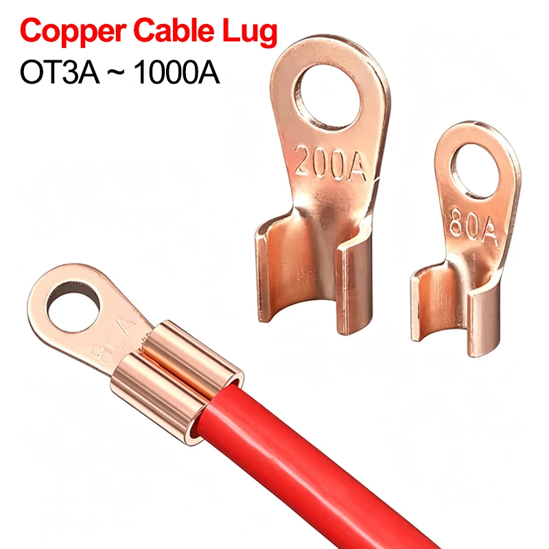5-50pcs OT Type Copper Cable Lug  3A ~ 1000A Bare Red Copper Oper Ring Crimp Terminal for Battery Solar Auto Wiring