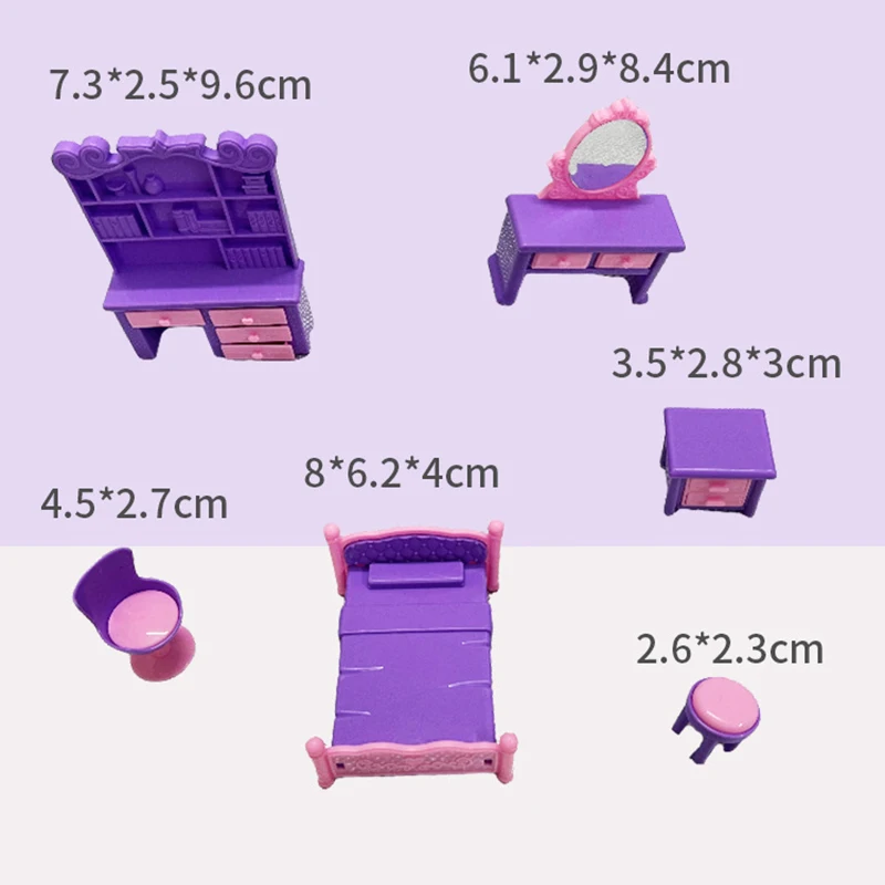 6Pcs/Set 1:12 Dollhouse Miniature Desk Chair Dressing Table Bedside Table Bed Furniture Model Decor Toy Doll House Accessories