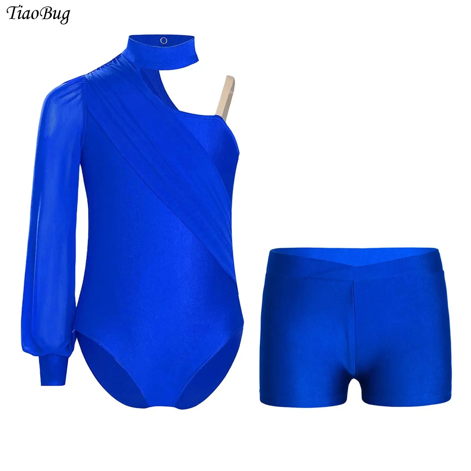 

Kids Girls Figure Skating Gymnastics Dance Outfit One Shoulder Long Sleeve Ruched Mesh Overlay Leotard Bodysuit+Shorts Ballerina