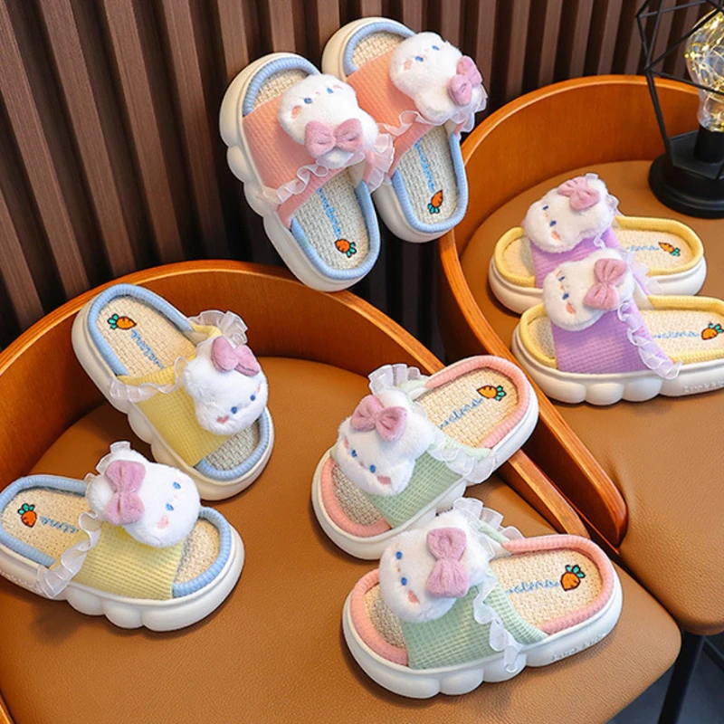 Children's Linen Bowknot Rabbit Slippers Girls Cute Cartoon Home Comfortable Slippers Kids Non-Slip Soft Breathable Flat Shoes