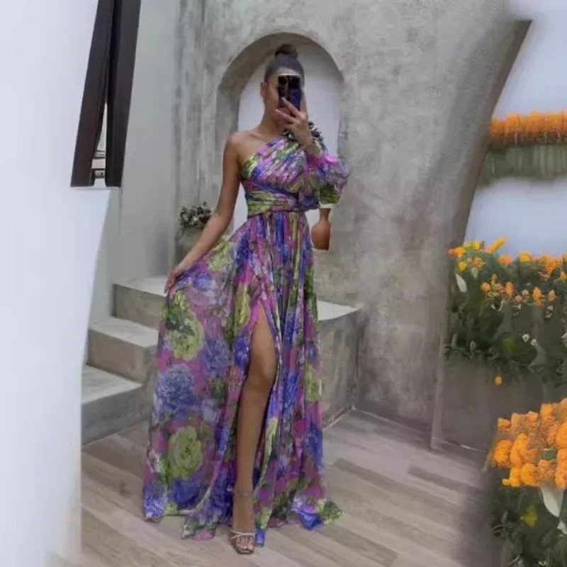 여름 신상 여성 의류 섹시한 사선 숄더 원숄더 긴팔 플로럴 롱 하이엔드 펜듈럼 플로럴 드레스