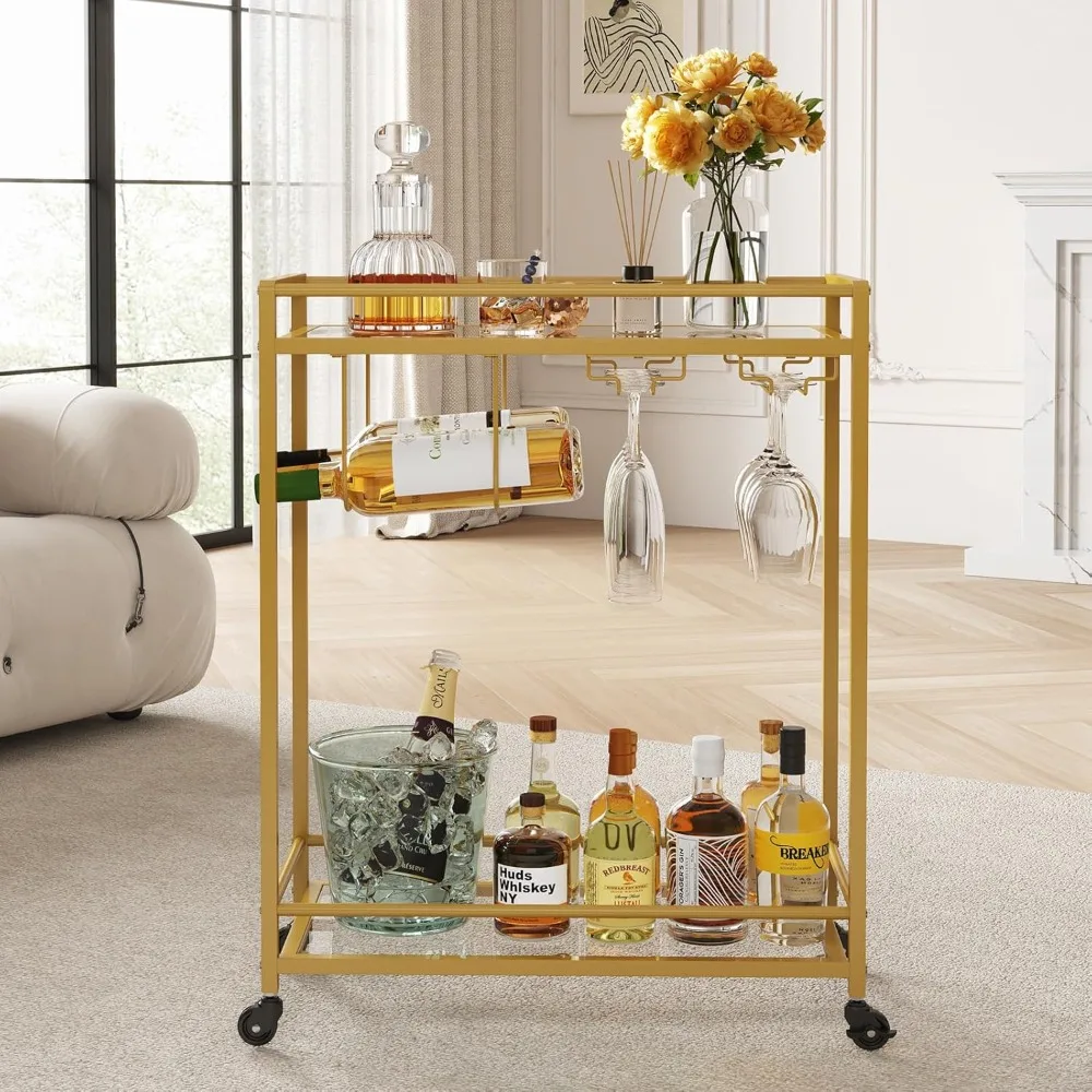 

Gold Rolling Bar Cart with 2 Tier Glass Shelves Lockable Wheels Glass Holder Wine Rack Beverage Cart for Kitchen Dining