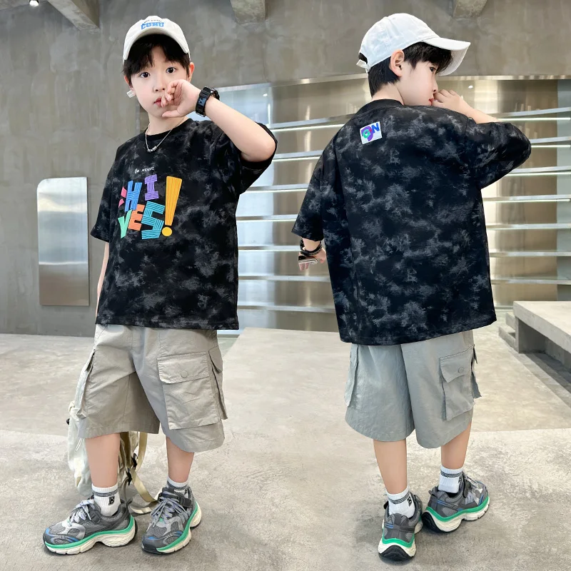 Luxury Summer Cotton Boys Top and Bottom Set Outfit For Tweens Child Letter Tshirt Cargo Shorts 2 Pieces Sports Clothing Set