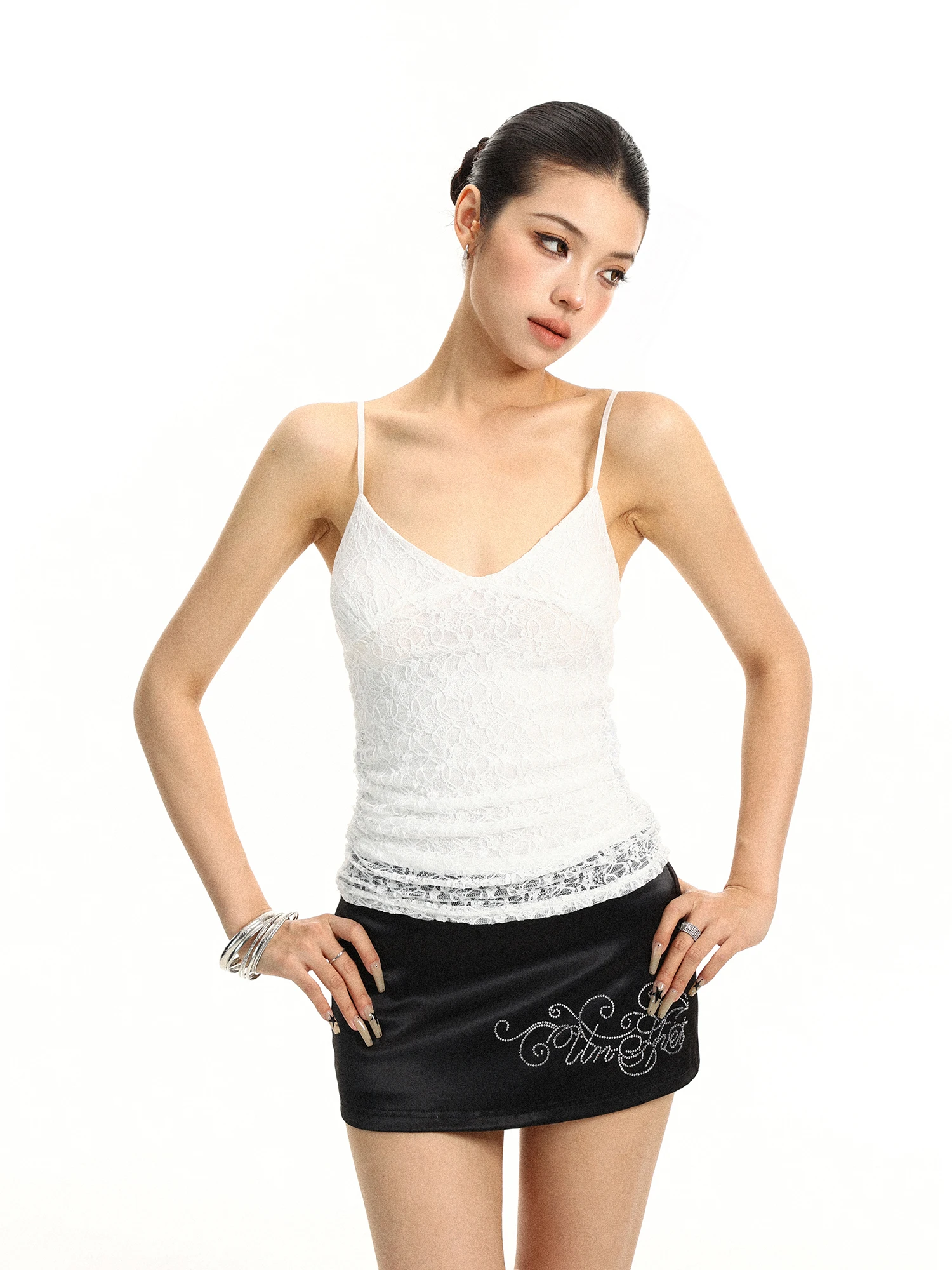 Sexy Lace Strap Vest Women's Summer Slim Fit Base Shirt Micro Waist Cinching Pleated Slimming Top Breathable V-neck Inner Wear