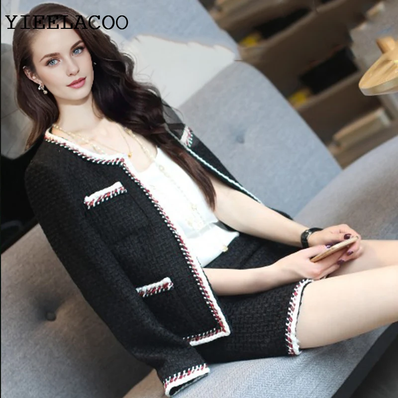 

Черный твидовый жакет + шорты/юбка, костюмы ручной работы на заказ, осенне-зимнее женское пальто, новый шерстяной костюм, женский костюм из двух предметов