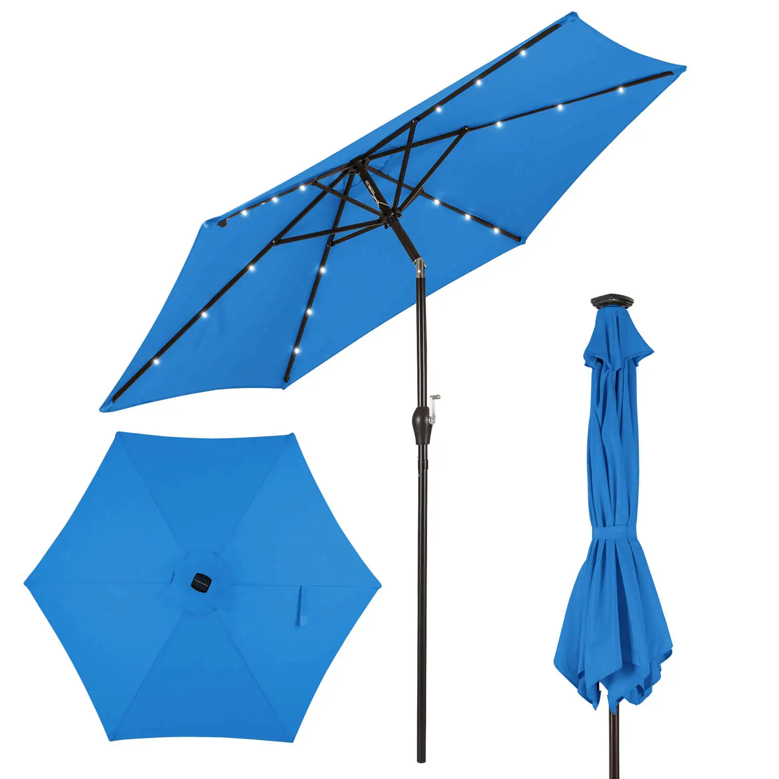 

9' Solar LED Lighted Patio Market Umbrella Tilt Adjustment Crank Lift Blue