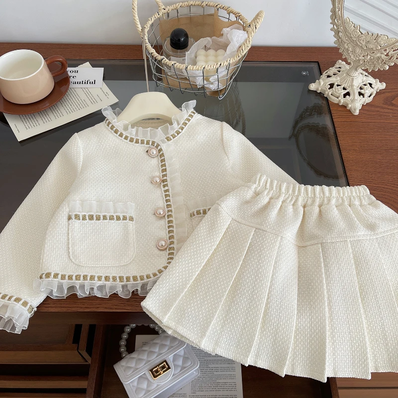 Girl's Suit Spring New Girl's Small Fragrance Solid Color Lace Collar Long Sleeve Coat + Solid Color Pleated Skirt Two-piece Set