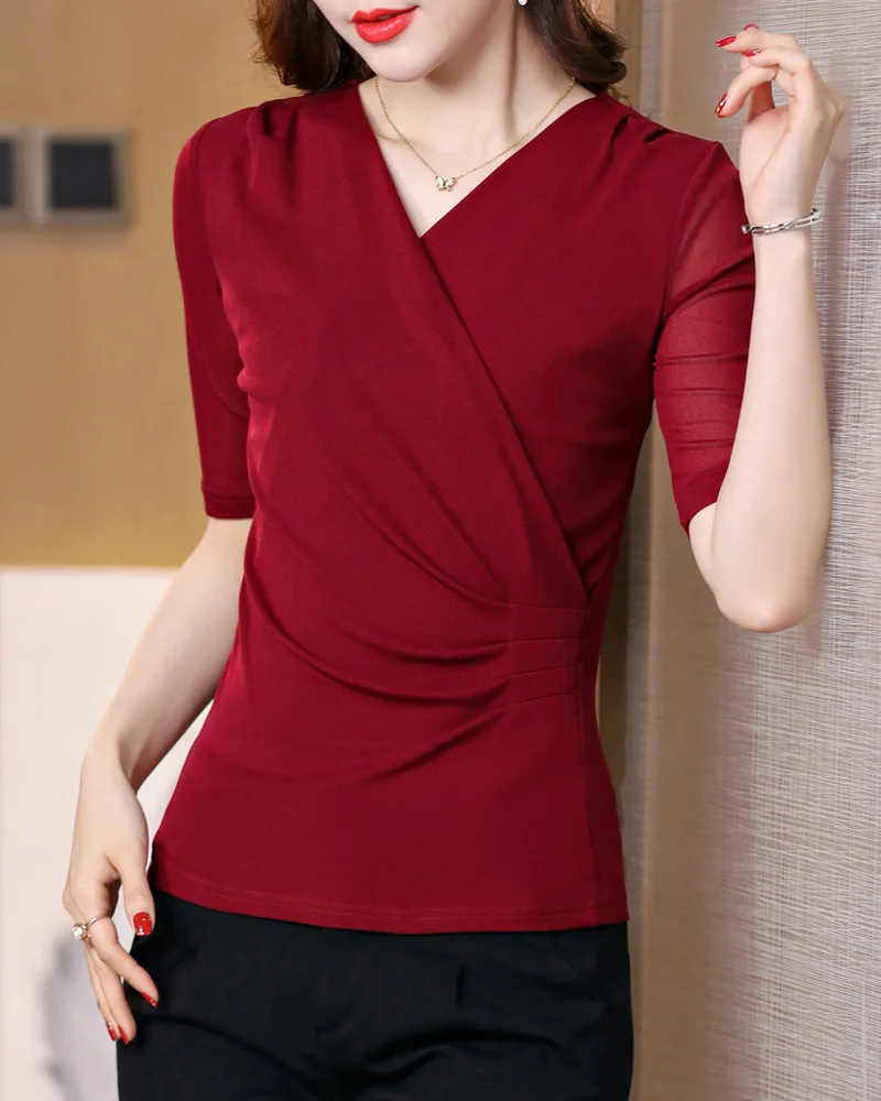 M-3XL Women Crossed V Neck Half Sleeve Mesh T Shirts Lady Elegant Elastic Tops Female Pleated T-Shirt Tee