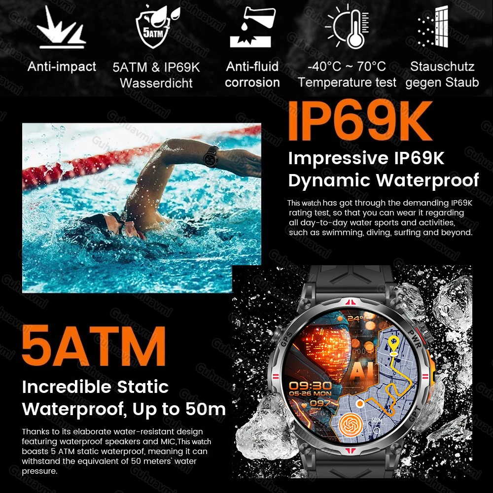 2025New Military GPS Sport SmartWatch Männer 1,56 "AMOLED Bildschirm Kompass Höhenmesser 5ATM Wasserdichte 560 mAh Drahtlose Anruf Smartwatch