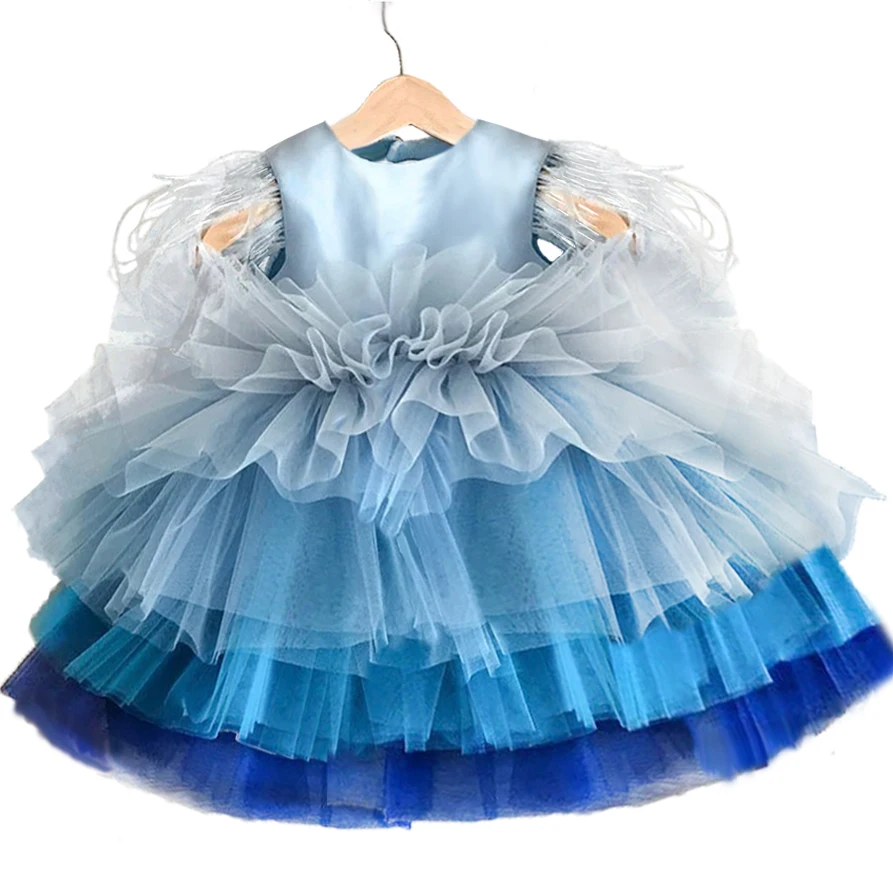 Classic Girl\'s Blue Pink Tiered Tulle Princess Birthday Party Dress with Feather for 1, 2, 3, 4, 5, 6,7,8,9,10,11,12Y Kids