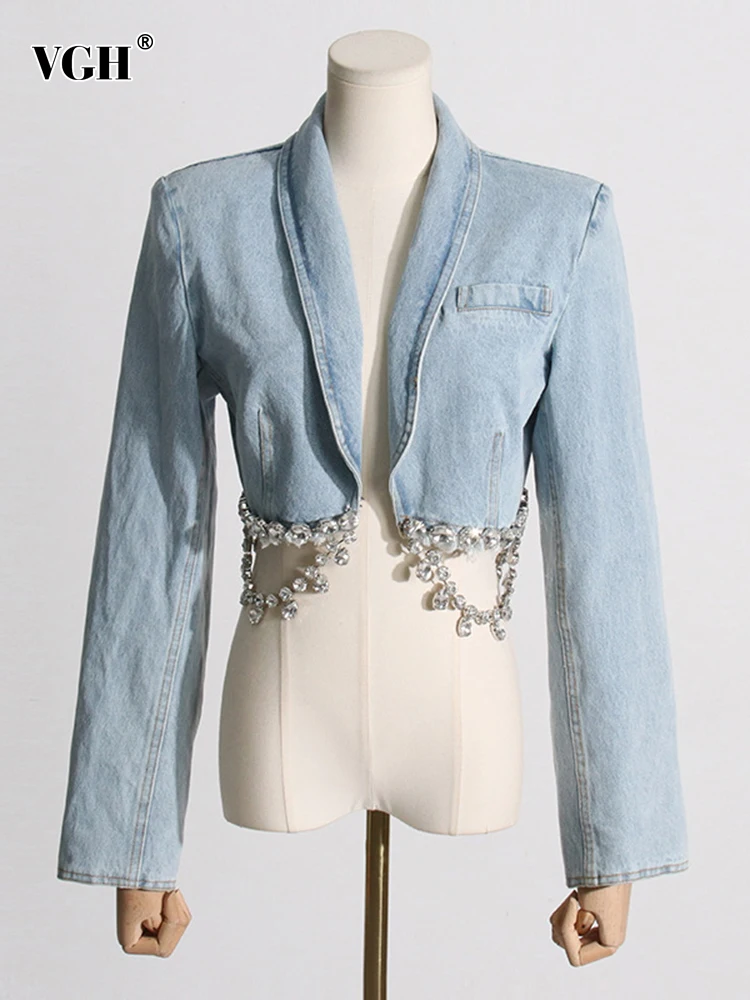 

VGH Solid Casual Denim Coats For Women Lapel Long Sleeve Patchwork Diamonds Slimming Short Coat Female Fashion Clothing Style