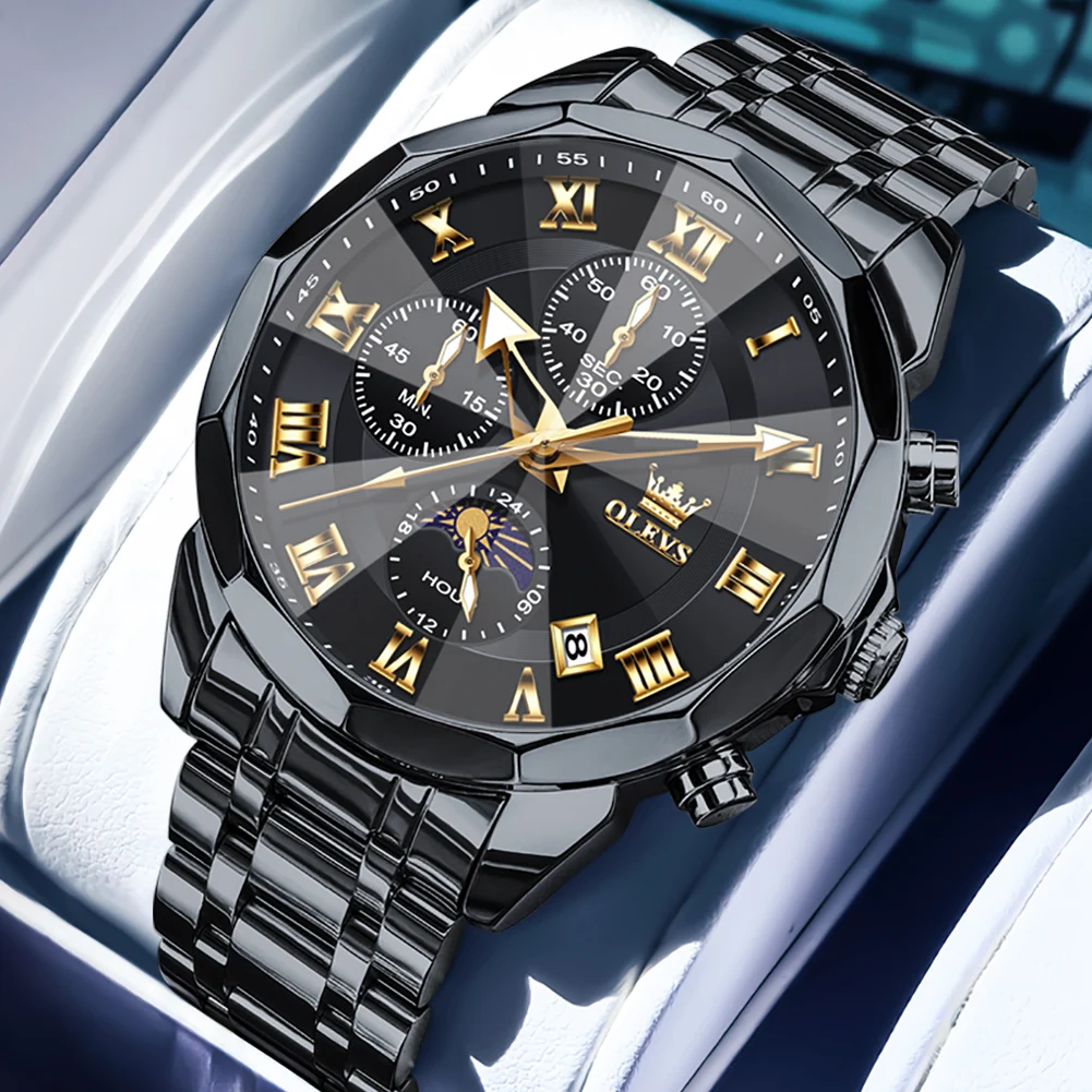 

OLEVS Роскошные кварцевые часы для мужчин, черный ремешок из нержавеющей стали, военные модные круглые часы с хронографом и календарем фаз Луны