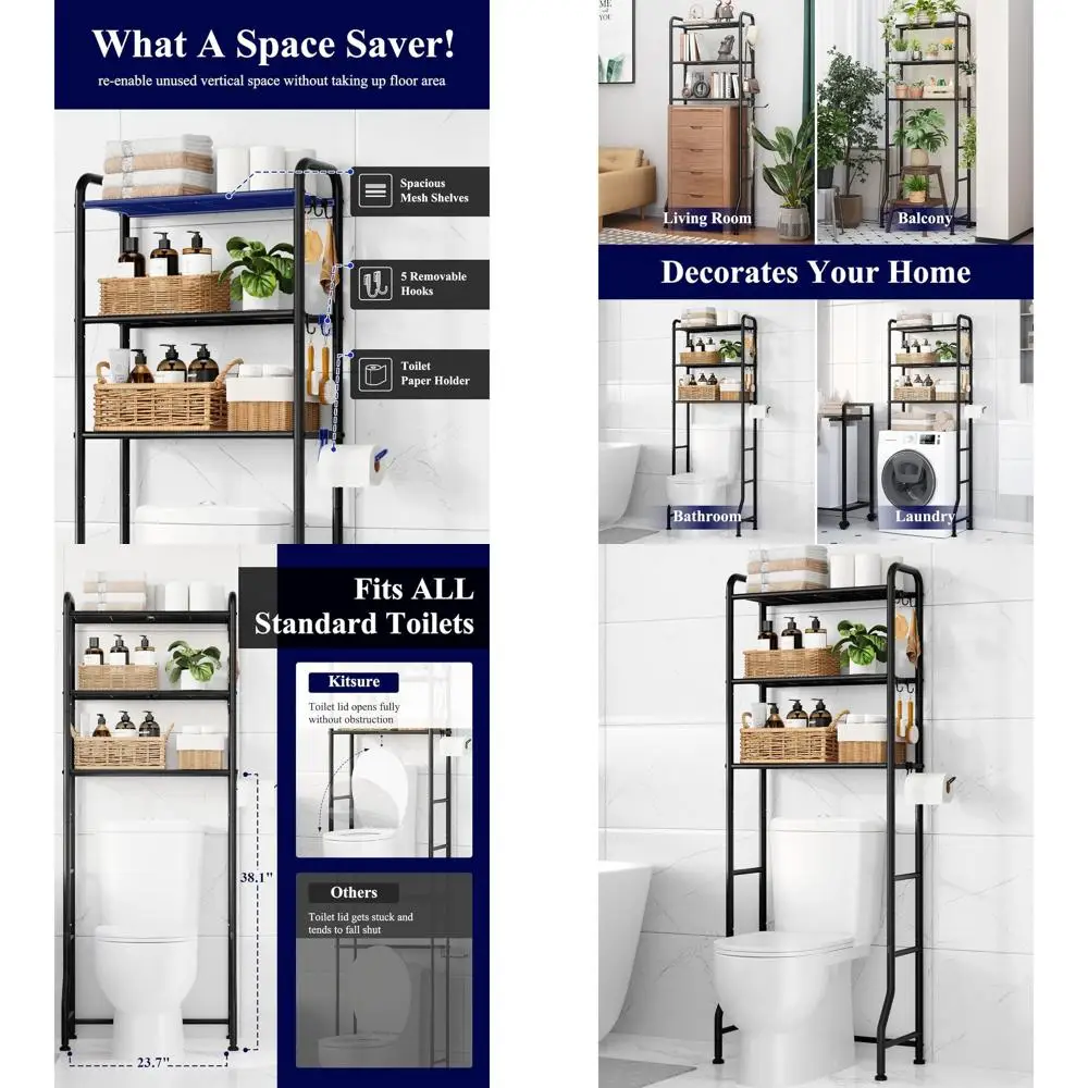 

Space-Saving Metal Over-Toilet Storage Shelf with Paper Holder and Hooks, 3-Tier Black Bathroom Organizer