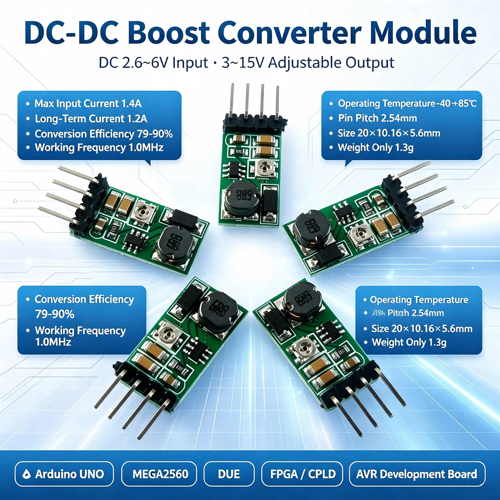 Adjustable DC-DC Boost Converter Step-Up Power Module 3-4.5V to 5/6/9/12/15V for Arduino Projects