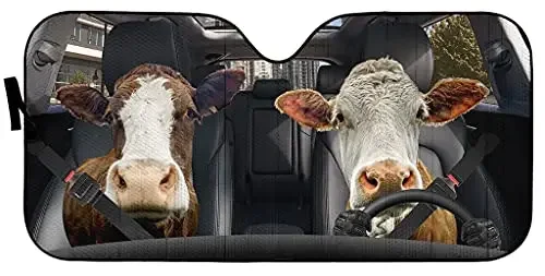 Cow Front Car Windshield Sun Shade Foldable Cover- Blocks UV Rays Sun Visor Protector, Sunshade to Keep Interior Damage Free, Re