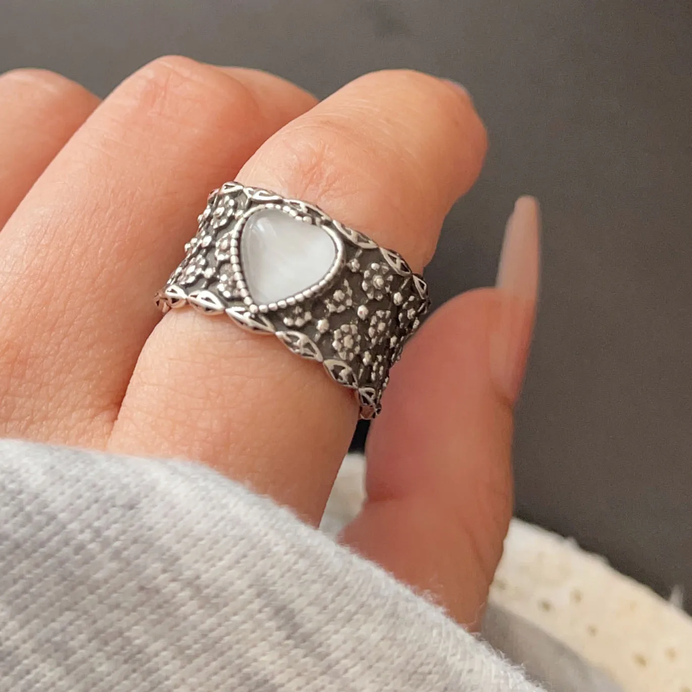 925 Sterling Silver Rings For Women Geometric Fine Jewelry Finger Adjustable Wide Heart Stone Ring For Party Birthday Gift