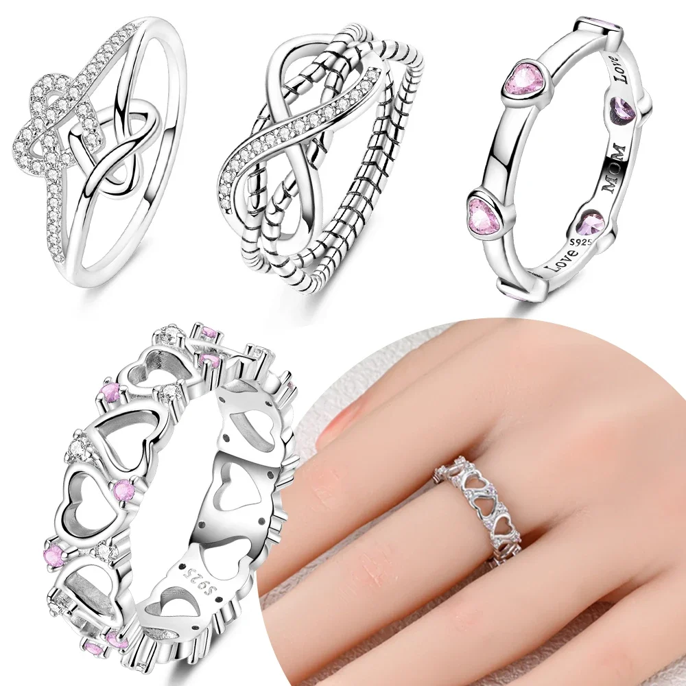 

Jewelry Woman Pink Zircon Heart Love Rings Sterling 925 Silver Ring Original Valentine Gift Accessories Wedding Set Fine