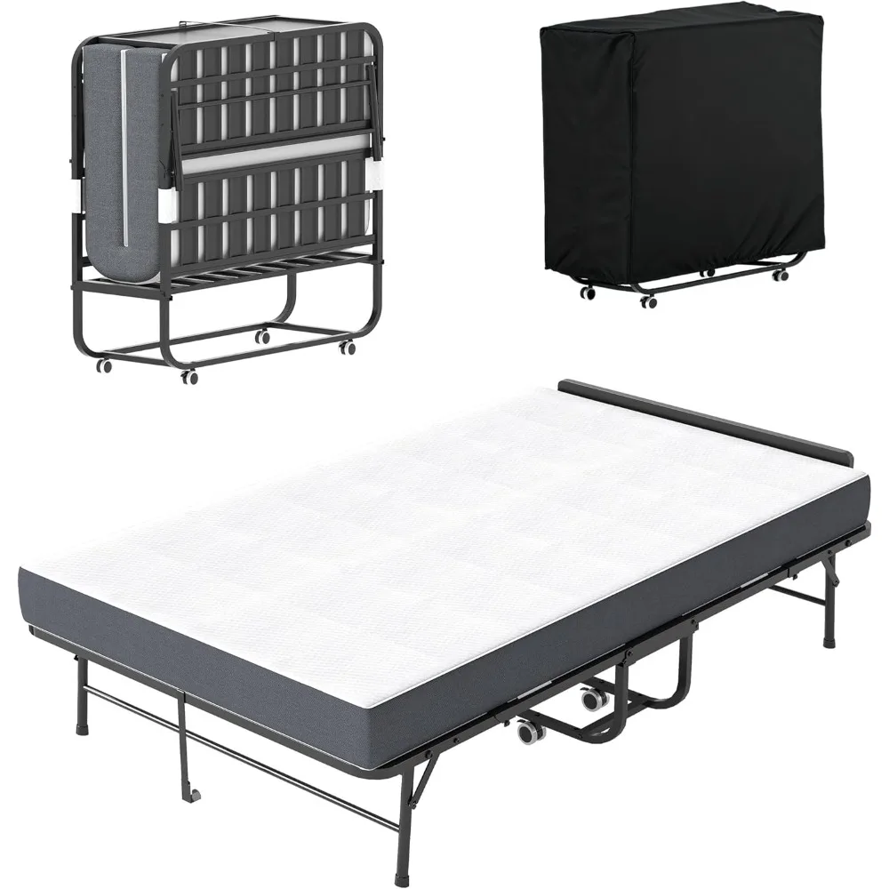 سرير قابل للطي مع مرتبة، سرير قابل للطي مقاس 74 × 46 للبالغين، سرير مزدوج محمول مع لوح رأسي وإطار معدني قوي #1
