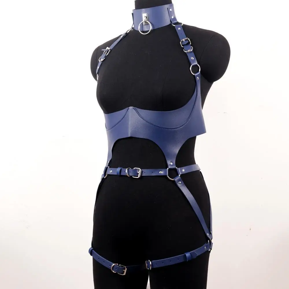 Women Leather Harness Sets Sexy Lingerie Body Bondage Straps Chest Harness Garter Belts Full Body Blue Gothic Suspenders view 4
