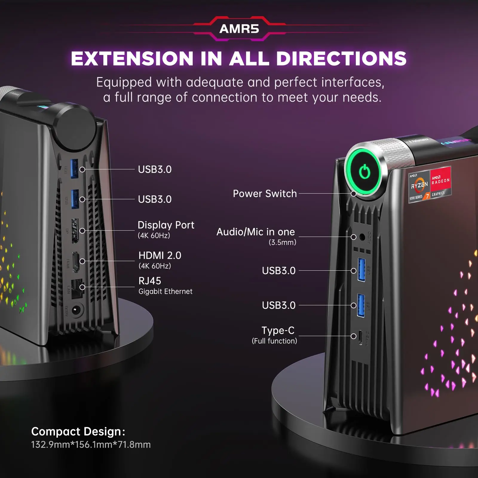 Imagem -04 - Acemagician-mini pc para Jogos Ryzen Computador Desktop Luzes Rgb Ryzen 5700u até 4.3ghz 16gb Ddr4 512gb Ssd Nvme