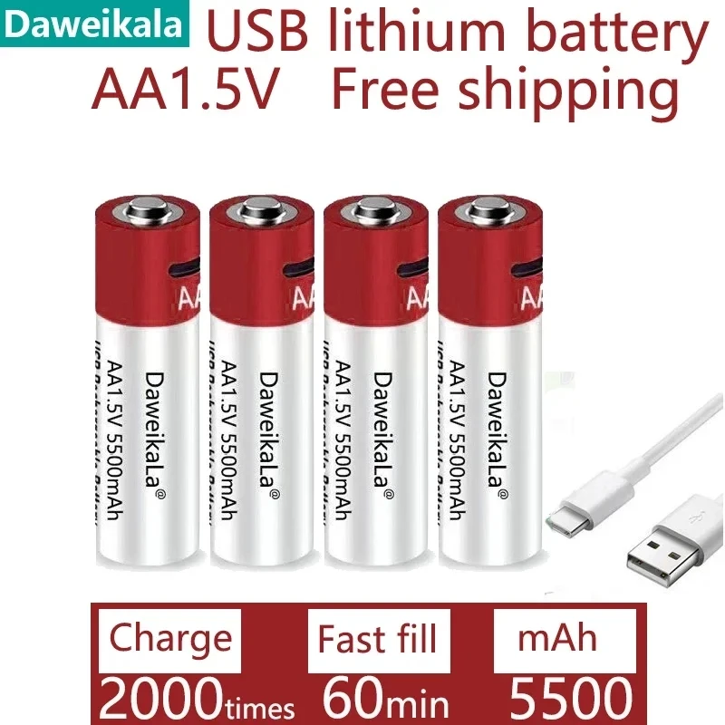 AA USB 충전식 리튬 이온 배터리, 1.5V AA 5500mah, 리튬 이온 배터리, 장난감 시계, MP3 플레이어 온도계 키보드 및 케이블, 신제품