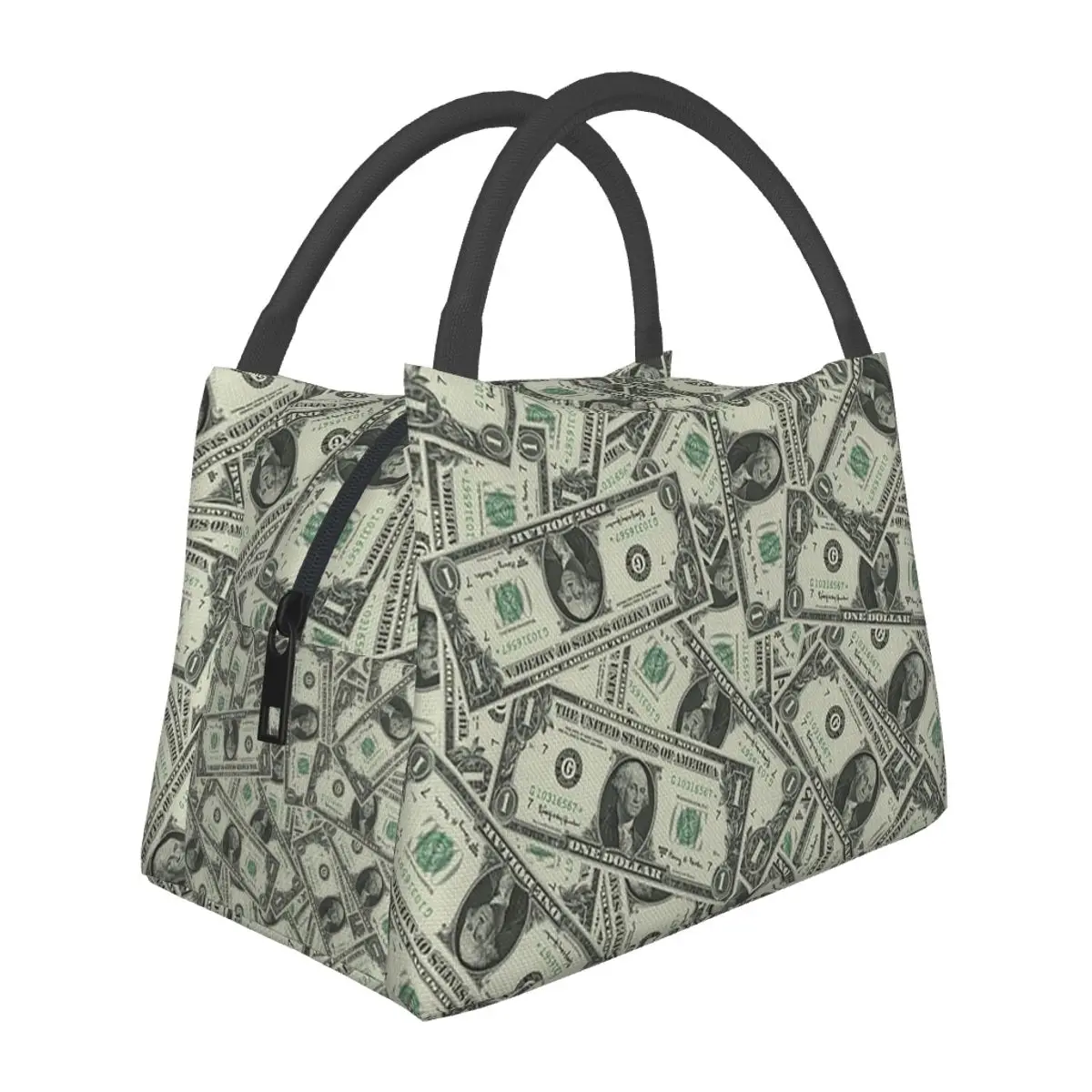 Money Dollars Bill Pattern Lightweight Handheld Insulated Lunch Bag Aluminum Foil Liner for Adults Students Travel Picnic