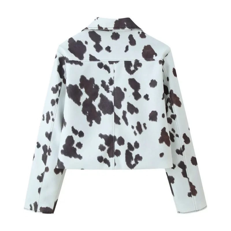 الخريف الشتاء المرأة طباعة سترة عادية التلبيب طوق كم طويل المرأة معطف قصير الإناث زر القمم #2