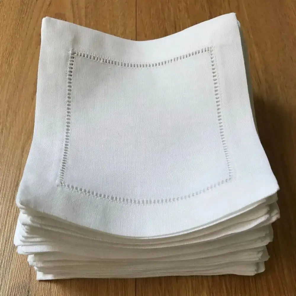 

6 Pieces Hemstitch Cocktail Napkin in natural color White Color Cocktail napkins