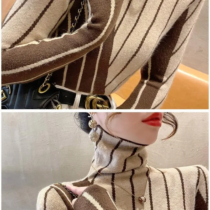 Women\'s Autumn Winter New Fashion Elegant Stripe High Neck Pullover Casual Versatile Long Sleeve Slim Fit Sweater Knitted Tops