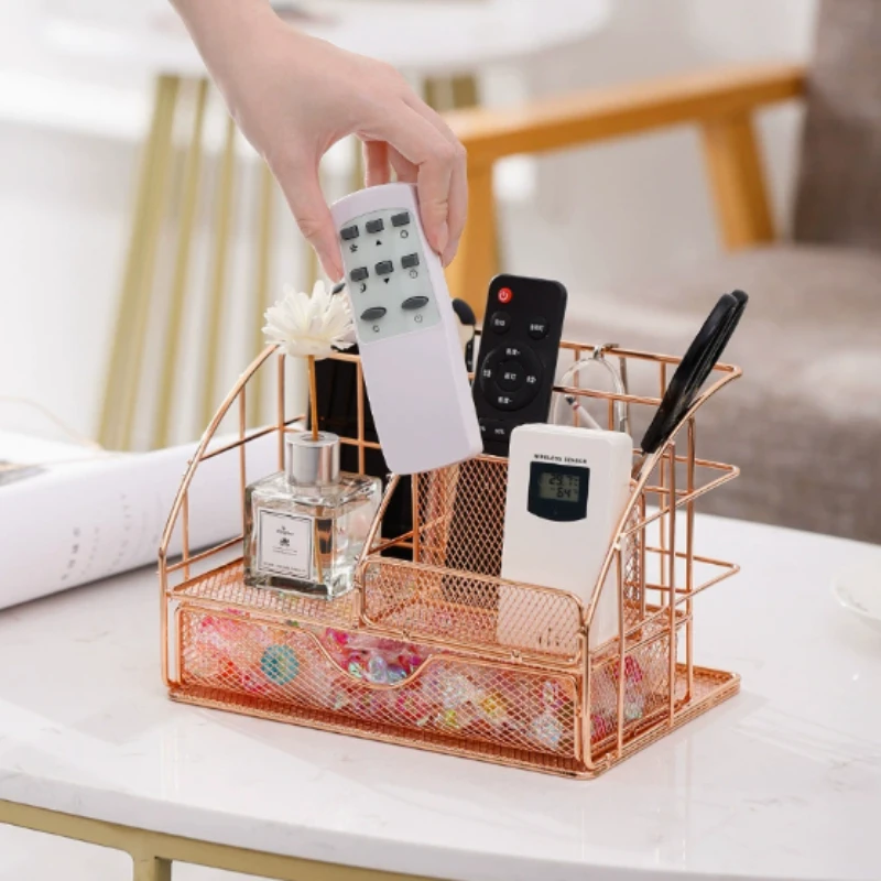 

Stylish Iron Desktop Organizer for Documents, Pens, Makeup Brushes - Compact Space-Saving Stationery Rack for Students & Office