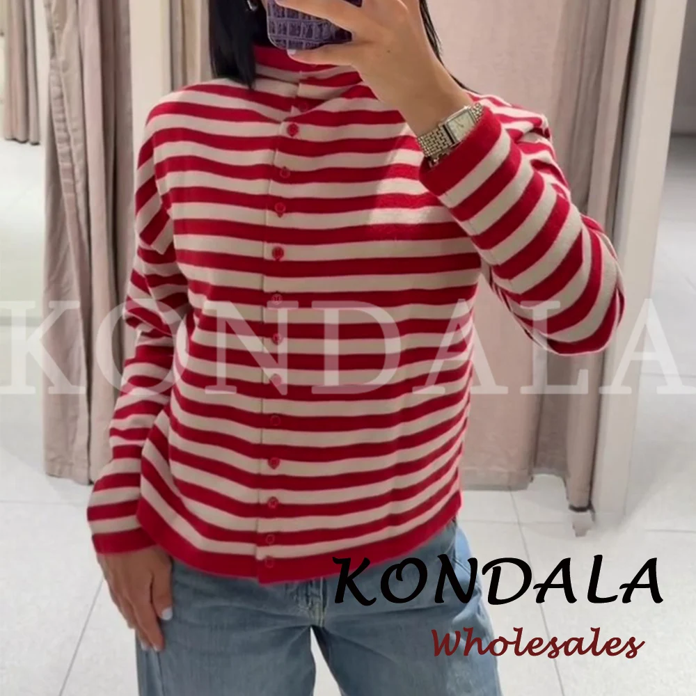 KONDALA Chic Red Striped Women Autumn Streetwear Knitwear Elegant Single Breasted Fashion 2026 Knit Female Y2k Vintage Sweater