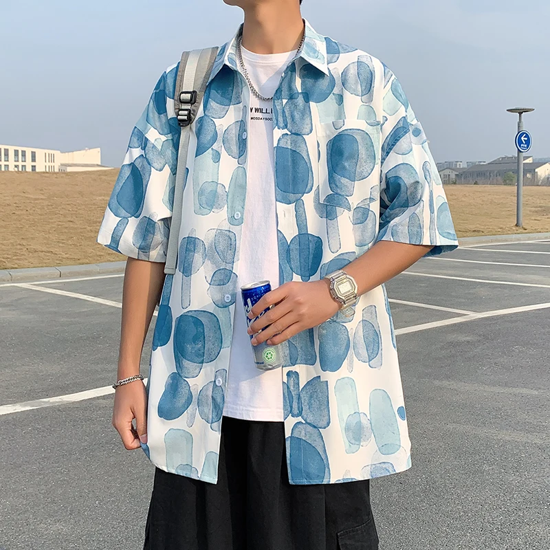 2024 Summer New Short Sleeved Shirt Hong Kong Style Retro Vacation Style Fashion Wear Beach Shirt  Men Clothing