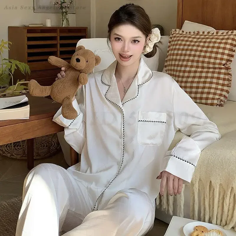 

Белый пижамный комплект, весна-лето, рубашка с длинными рукавами и брюки, пижамный костюм, женская милая одежда для сна, свободная шелковая атласная домашняя одежда, одежда для дома