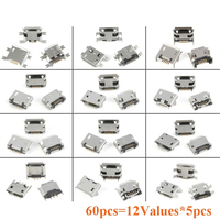 60pcs/lot 12 Models SMD DIP Socket Connector 5 Pin SMT Socket Connector Micro USB Type B Female Placement
