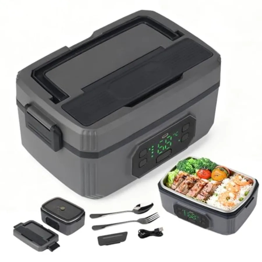 Rechargeable Adult Wireless Heated Lunch Box for Office/Truck/Outdoor Use, Stainless Steel, Black, 21000mAh Battery Automatic T