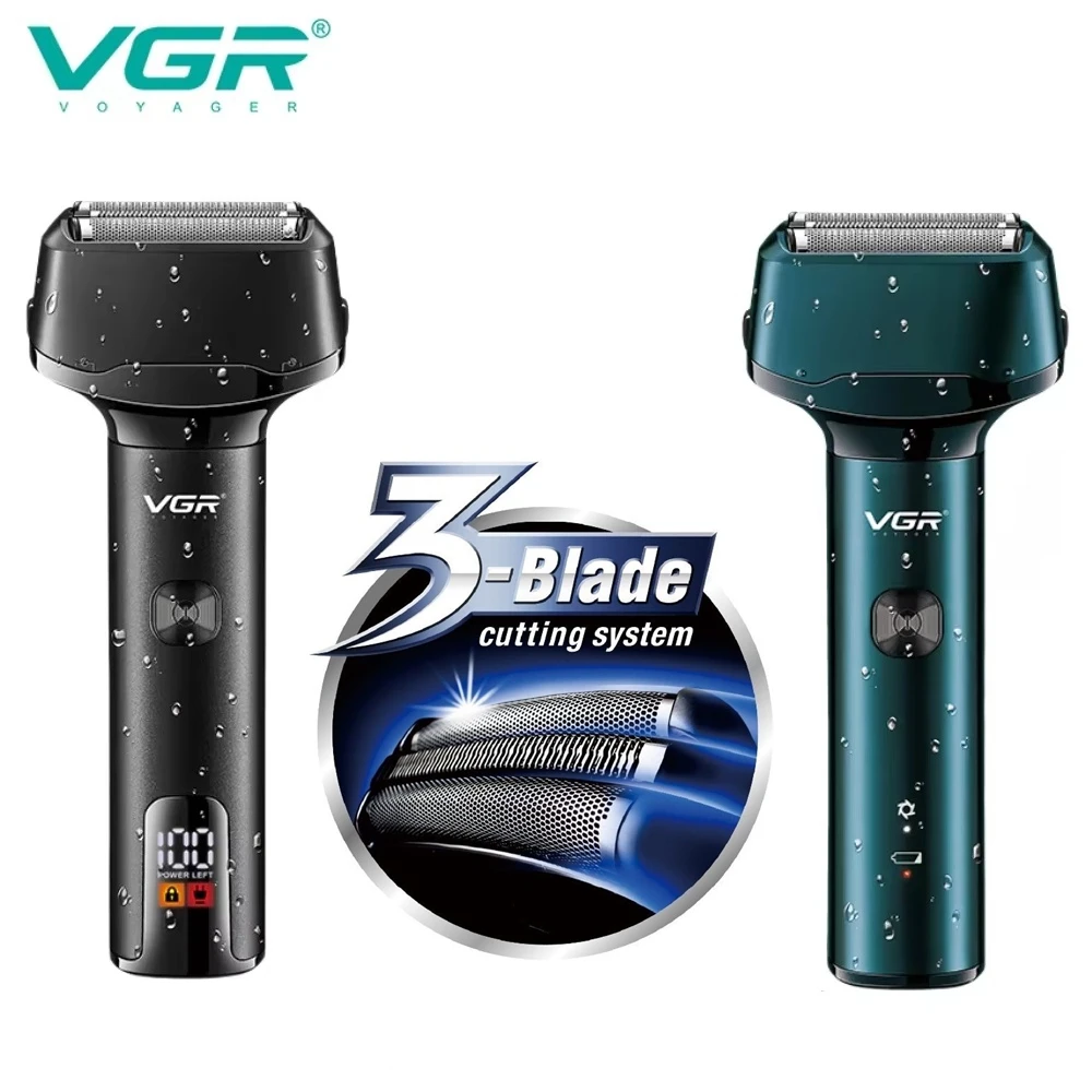 VGR 3 Blades Professional Electric Shaver Waterproof Beard Hair Trimmer Rechargeable Razor Digital Display Shaver For Men V-371