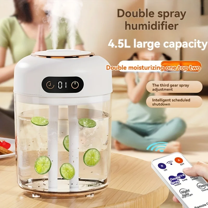 Umidificador compacto de névoa dupla com luz noturna LED - alimentado por USB, 3 modos, controle remoto, temporizador inteligente para escritório e relaxamento