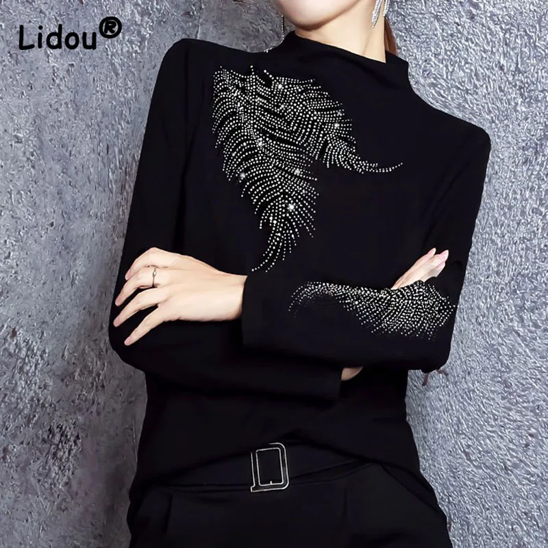 

Double Faced Velvet Long Sleeve Fashion Casual Women T-Shirts Black Turtleneck Diamond Inlaid Design Feather Pattern Solid Slim