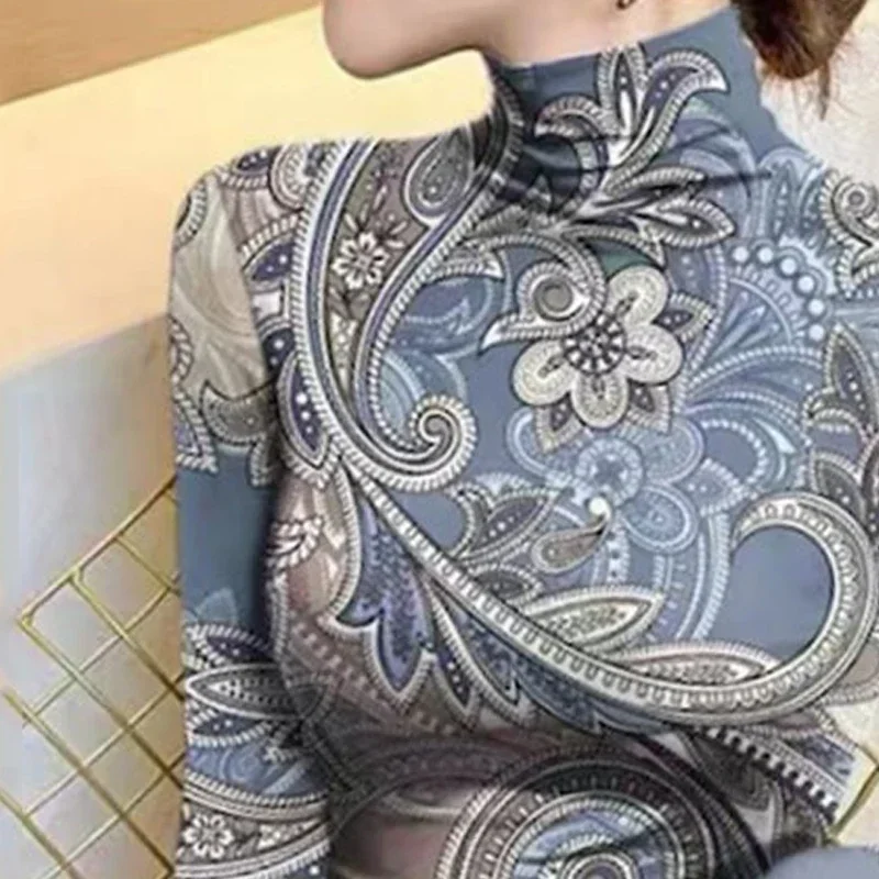 Damskie bluzki z golfem, nowe, z kwiatowym nadrukiem, obcisłe, z długim rękawem, warstwa bazowa, topy dla kobiet, jesień-zima, styl Y2k.