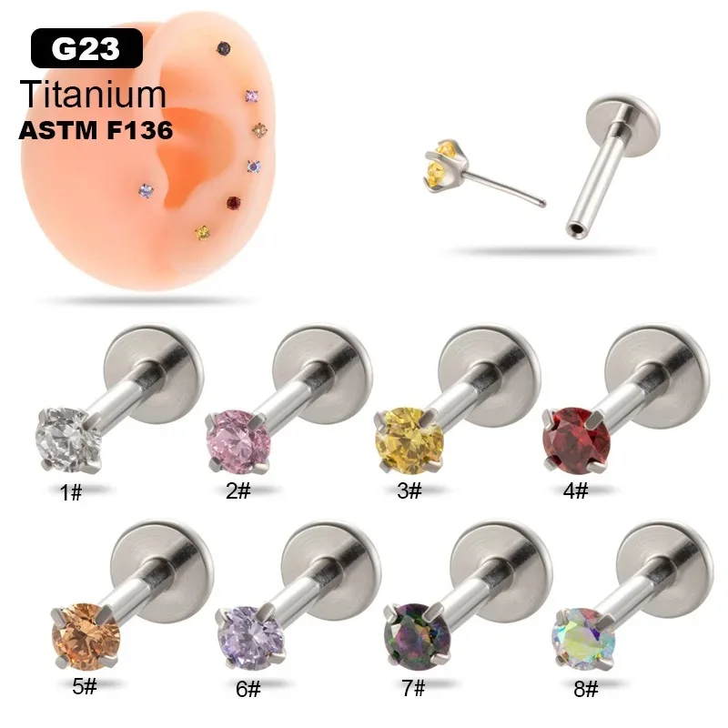 1Piece ASTM F136 G23 Titanium Rainbow CZ Push In Threadless Labret Piercing 16G Earring Stud Cartilage Wholesale Body Jewelry