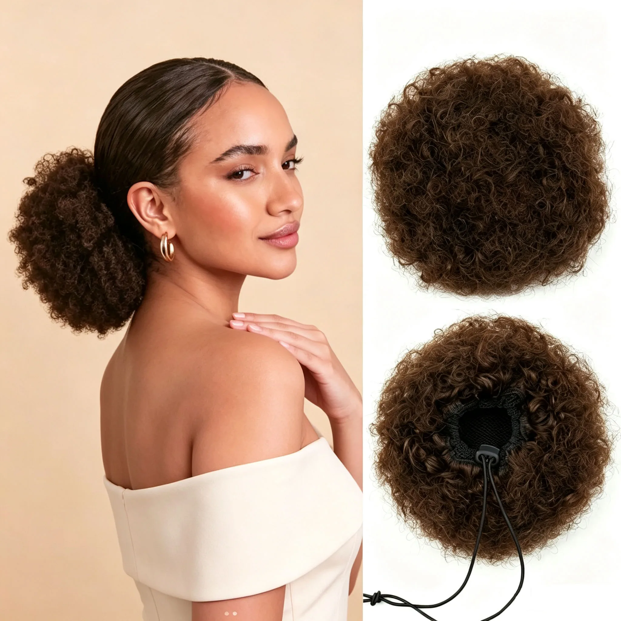 Afro Puff Ponytail for Women - Color #4,6 inch/8 inch 100% Human Hair Puff Hair Extensions Clip On Kinky Curly Ponytail Bun