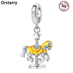 925 Sterling Silver Yellow Carousel Pendants Bracelet Charms Fit Women Jewelry Party Beads DIY Fine Gifts Accessories
