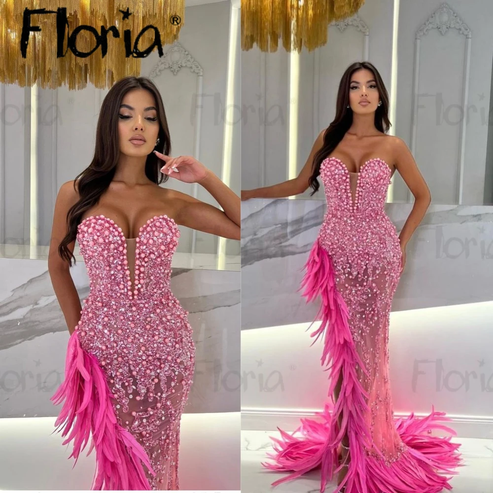 Women Hot Pink Side Feather Party Dress with Beads Pearls Dubai 2023 Custom Made Luxury Wedding Evening Night Gowns Formal