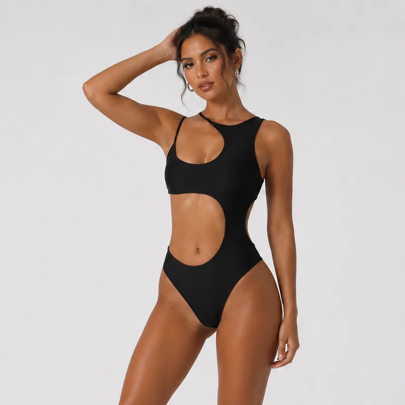 Damen-Bodysuit Schwarz Asymmetrisch Einseitig Schulterfrei Ausgeschnitten Ärmellos Figurbetont Hochgeschnitten Einteiliger Leotard Y2K Body Suit – Detail 4