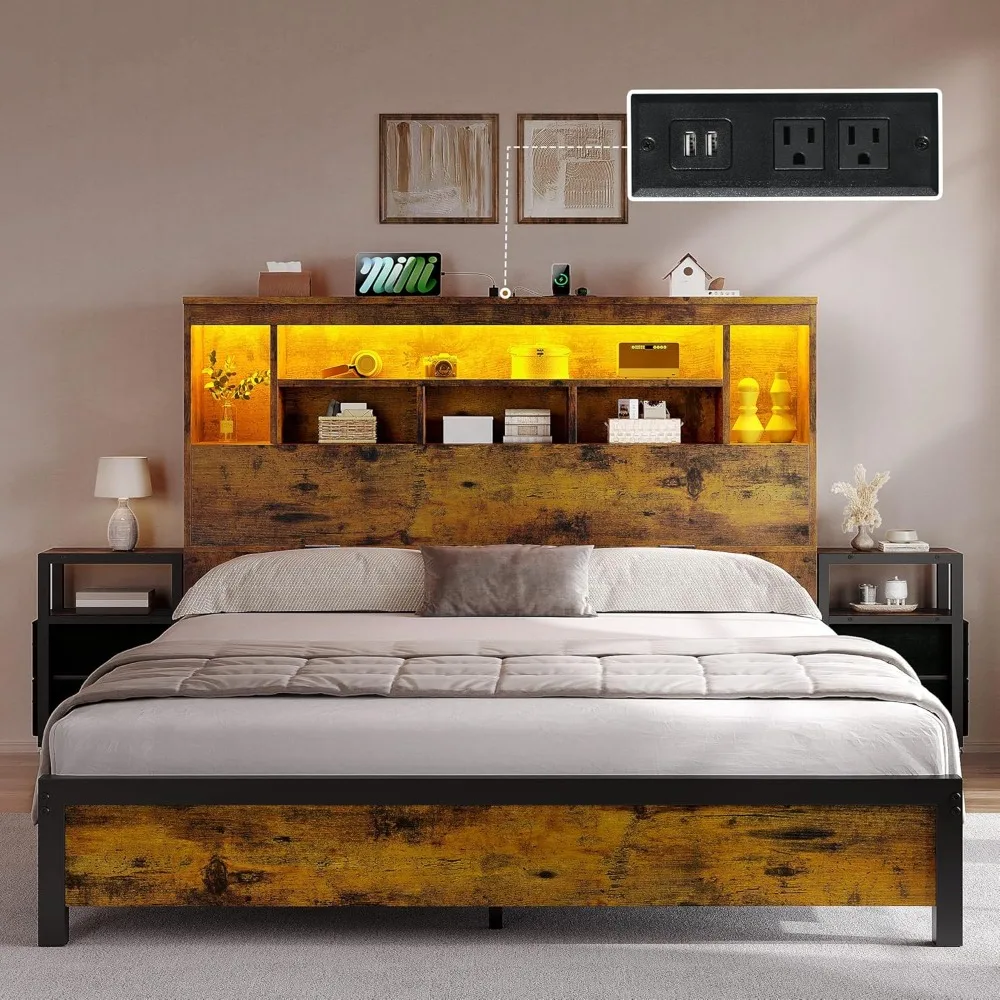 

Queen Size Bed Frame with Storage, Bookcase Headboard, RGB LED Lights, Slide Out Side Storage, and Charging Station