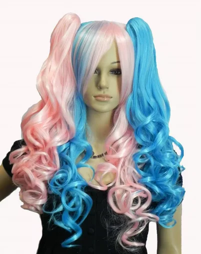 Rainbow Cosplay Wig two Ponytail 2 Clip-On Long Curly Synthetic Hair Wigs