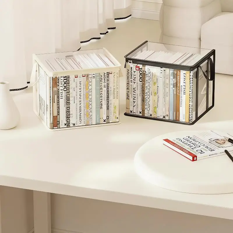 [J] Clear Transparent Storage Box With Dustproof Lid And Portable Handles For Organizing Books Magazines Home Office Study