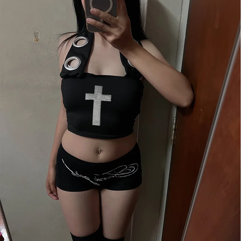 المرأة 90s الملابس خمر تي شيرت القوطية Kawaii فتاة القوطية الطفل سترة Harajuku عبر ختم Y2k الملابس الشارع الشهير #1