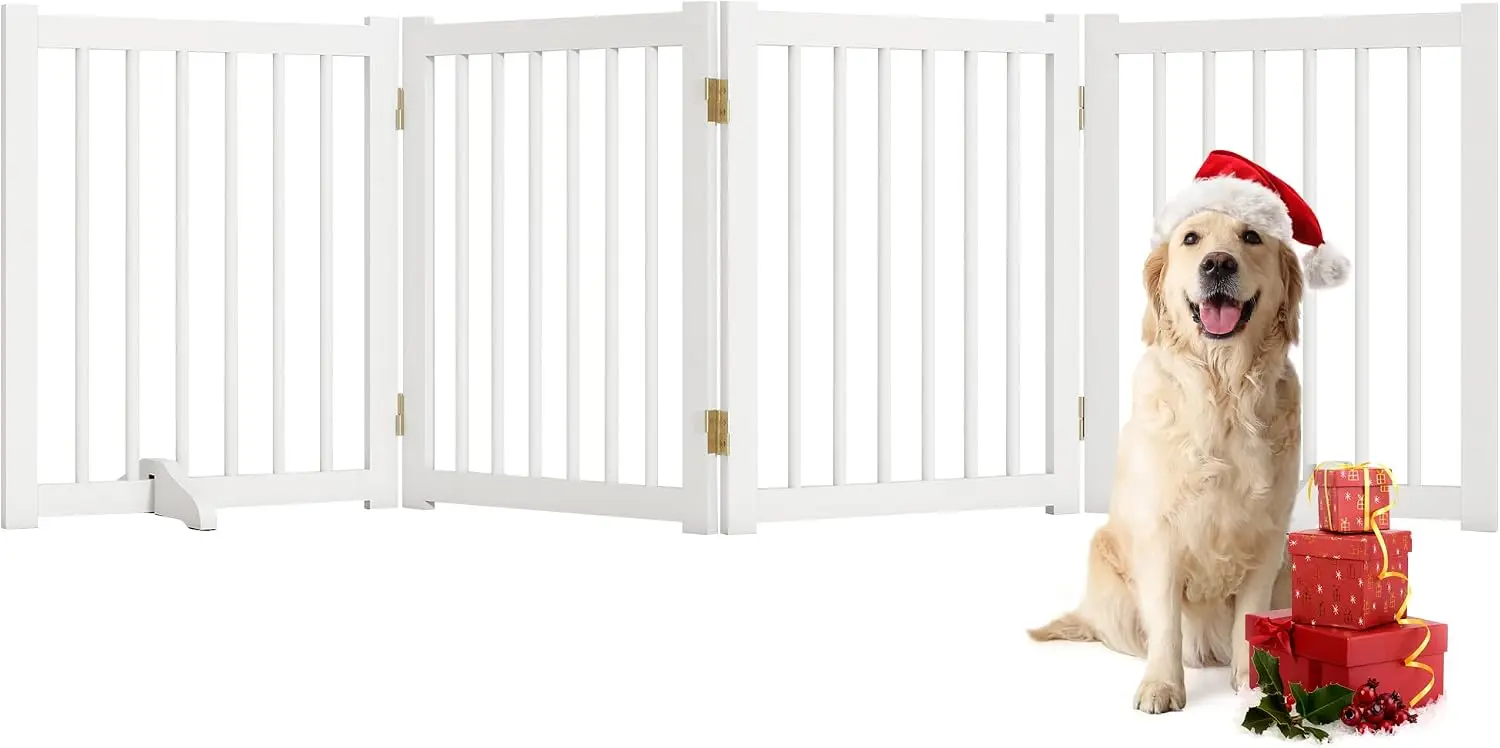 Solid Wood Freestanding Pet Gate Four Panels 24 Inch Folding Safety Fence Two Support Feet Stairs Doorways Halls Kitchens Indoor